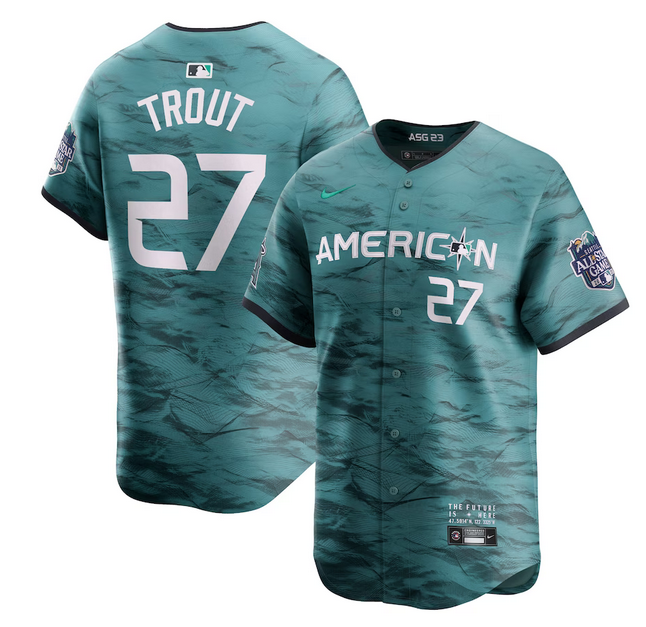 Youth Los Angeles Angels #27 Mike Trout Teal 2023 All-star Cool Base Stitched Jersey